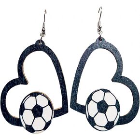 Wooden Sports Ball Heart Earrings for Women Teen Girls Handmade Nature Wood football Soccer Basketball Baseball Volleyball Lightweight Dangle Drop Earrings for Sport Fans Valentine's Day Fashion Jewelry Gifts