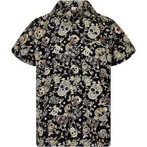 Funky Hawaiian Shirt for Men Short Sleeve Front-Pocket Sugar Skulls Multi Colors