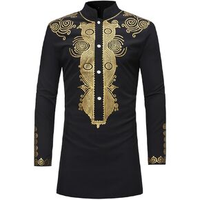 قمصان رجالي بأكمام طويلة وأزرار سفلية من Dashiki الأفريقية التقليدية ذات طباعة ذهبية