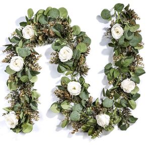 Der Rose 10 Pcs 13Ft Artificial Eucalyptus Flower Garland with Fake Silk Rose Flower Vine Seeded Eucalyptus Leaves Greenery Garland for Wedding Arch Table Wall Backdrop Party Room Decor (Champagne)