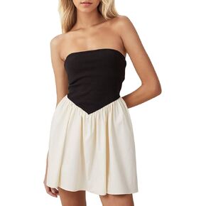 MISSACTIVER Women Strapless Tube Top Mini Dress Off Shoulder Sleeveless Drop-Waist A Line Short Dress Summer Patchwork Dress, Small, Black&apricot