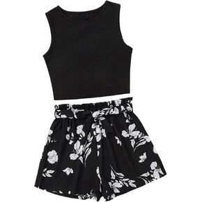 Verdusa Girl's Two Piece Summer Outfit Round Neck Tank and Floral Wide Leg Belted Shorts Set