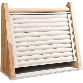 DYNWAVE Wooden Rings Display Stand Tray, 10 Slots Flannel Large Capacity Vertical Storage Holder for Studs Earrings Rings Show Retail Selling, Beige