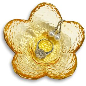 Flower Ring Dish Jewelry Tray, Decorative Glass Trinket Dish, Modern Accent Tray for Vanity Home Décor Bathroom (Crystal Amber)