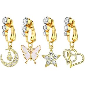 4Pcs Moon Butterfly Star Heart Fake Belly Button Rings for Women Stainless Steel 18K Gold Plated Clip On Non Piercing Belly Navel Rings Fake Belly Jewelry