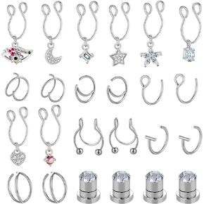 24PCS Fake Nose Rings Hoops Ring Stainless Steel CZ Stainless Steel Fake Septum Fake Lip Rings Fake Nose Hoop Double Hoop Nose Ring Nose Ring Nose Cuffs Body Piercing Jewelry