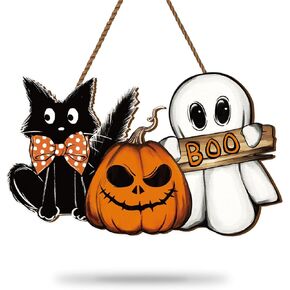 Halloween Door Decor Wooden Hanging Sign Pumpkin Ghost Boo Black Cat Welcome Sign for Trick or Treat Party Indoor Outdoor Porch Wall