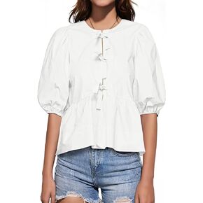 Tankaneo Womens Tie Front Tops Summer Peplum Babydoll Puff Short Sleeve Blouse Cute Cotton Shirts
