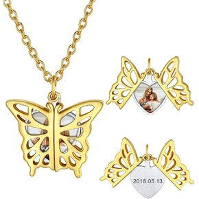 U7 Envelope Necklace, Angel Wings Necklaces Stainless Steel Customized Photo & Text Locket Pendant for Men Women, Personalized Picture Jewelry Multiple Styles: Butterfly/Heart/Love Letter