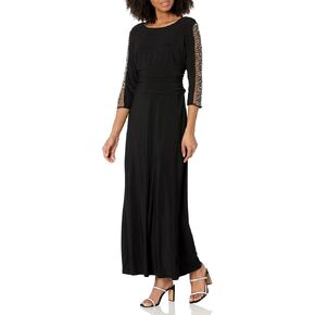 S.L. Fashions Women's Long Ruched Gown with Beaded Illusion Three Quarter Sleeve