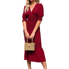 BerryGo Women's Elegant Smocked Ruffle Bodycon Midi Dress Puff Sleeve Maternity Casual Beach Party Cocktail Pencil Dress for Wedding Guest Burgundy, L