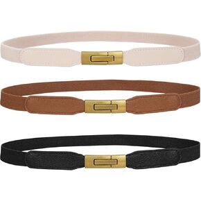 WERFORU 3 Pack Women Skinny Elastic Belt Gold Buckle Stretchy Thin Waist Belt for Dress Jeans