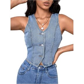 SHENHE Women's Denim Vest Sleeveless V Neck Button Up Vintage Cropped Jean Jacket Vest Top