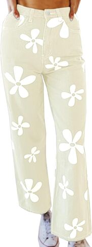 Women's Flower Print Y2K Fashion Wide Leg High Waist Denim Pants Boyfriend Jeans Loose Fit Vintage Jeans for Teen Girls in Saudi Arabia