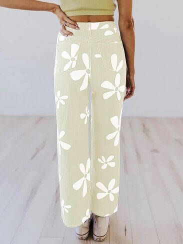 Women's Flower Print Y2K Fashion Wide Leg High Waist Denim Pants Boyfriend Jeans Loose Fit Vintage Jeans for Teen Girls in Saudi Arabia