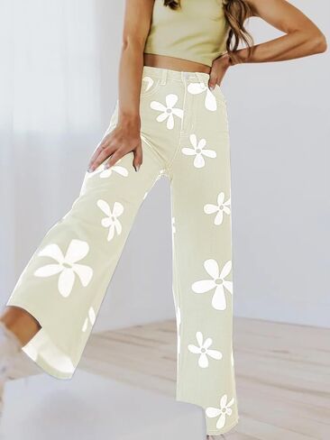 Women's Flower Print Y2K Fashion Wide Leg High Waist Denim Pants Boyfriend Jeans Loose Fit Vintage Jeans for Teen Girls in Saudi Arabia