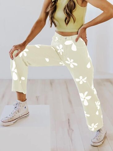Women's Flower Print Y2K Fashion Wide Leg High Waist Denim Pants Boyfriend Jeans Loose Fit Vintage Jeans for Teen Girls in Saudi Arabia