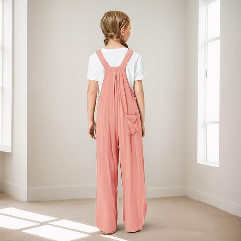 بدلة قفز JiAmy للفتيات كاجوال بدون أكمام بأرجل واسعة مع جيوب للأطفال من عمر 5 إلى 12 سنة in Kuwait