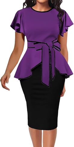 فستان الكنيسة للنساء، فستان عتيق بأكمام مكشكشة، فستان ضيق للعمل، فساتين بيبلوم متوسطة الطول للعمل in Kuwait