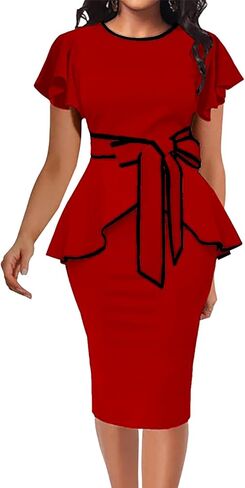 Women Church Dress Vintage Ruffle Sleeves Pencil Dress Business Bodycon Peplum Midi Dresses for Work in Saudi Arabia