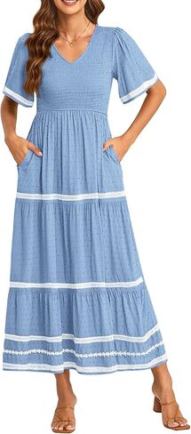 PRETTYGARDEN Women's Casual Summer Maxi Dress Short Sleeve Swiss Dot V Neck Smocked Long Flowy Beach Dresses in Saudi Arabia