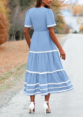 PRETTYGARDEN Women's Casual Summer Maxi Dress Short Sleeve Swiss Dot V Neck Smocked Long Flowy Beach Dresses in Saudi Arabia