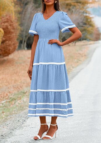 PRETTYGARDEN Women's Casual Summer Maxi Dress Short Sleeve Swiss Dot V Neck Smocked Long Flowy Beach Dresses in Saudi Arabia