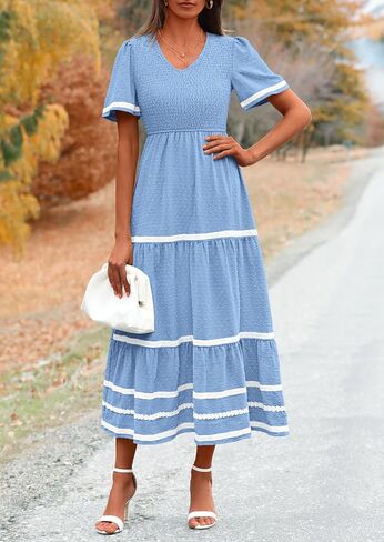 PRETTYGARDEN Women's Casual Summer Maxi Dress Short Sleeve Swiss Dot V Neck Smocked Long Flowy Beach Dresses in Saudi Arabia