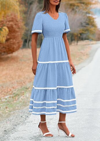 PRETTYGARDEN Women's Casual Summer Maxi Dress Short Sleeve Swiss Dot V Neck Smocked Long Flowy Beach Dresses in Saudi Arabia