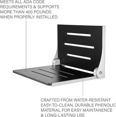 Seachrome Silhouette Folding Wall Mount Shower Bench Seat, Black Seat with Silver Frame in Saudi Arabia