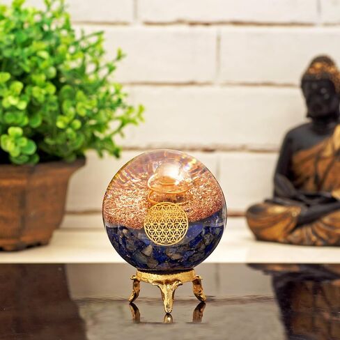 كرة أورجونيت كريستال زرقاء أكوامارين كريستالية مع حامل للطاقة الإيجابية، وحماية الانبعاثات الإلكترونية وموازنة الشاكرا - مع رمز زهرة الحياة لتعزيز الهدف والصفاء والشجاعة in Kuwait