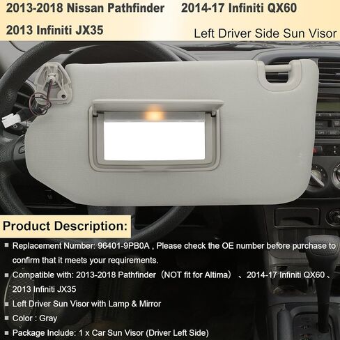 استبدال واقي الشمس من الجانب الأيسر للسائق متوافق مع 2013-2018 Pathfinder 2014-17 Infiniti QX60 و2013 Infiniti JX35 مع مصباح ومرآة يستبدل 96401-9PB0A 964009PB0A اللون بيج in Saudi Arabia