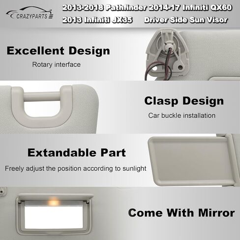 استبدال واقي الشمس من الجانب الأيسر للسائق متوافق مع 2013-2018 Pathfinder 2014-17 Infiniti QX60 و2013 Infiniti JX35 مع مصباح ومرآة يستبدل 96401-9PB0A 964009PB0A اللون بيج in Saudi Arabia