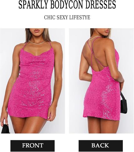 Women's Sequin Sparkly Glitter Dress Sexy Sleeveless Backless Spaghetti Strap Party Club Bodycon Mini Dress in Kuwait