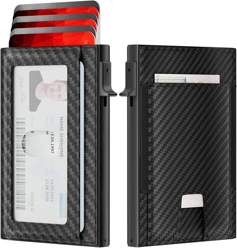 Mens Wallet Card Holder: Smart Pop-Up Aluminum Case, Genuine Leather, RFID Blocking, Slim & Minimalist Design for Front Pocket Use, Holds 8-10 Cards, with ID Window & Cash Pocket (Carbon Fiber) in Saudi Arabia