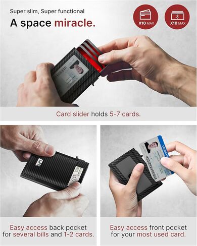 Mens Wallet Card Holder: Smart Pop-Up Aluminum Case, Genuine Leather, RFID Blocking, Slim & Minimalist Design for Front Pocket Use, Holds 8-10 Cards, with ID Window & Cash Pocket (Carbon Fiber) in Saudi Arabia