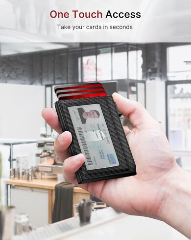 Mens Wallet Card Holder: Smart Pop-Up Aluminum Case, Genuine Leather, RFID Blocking, Slim & Minimalist Design for Front Pocket Use, Holds 8-10 Cards, with ID Window & Cash Pocket (Carbon Fiber) in Saudi Arabia