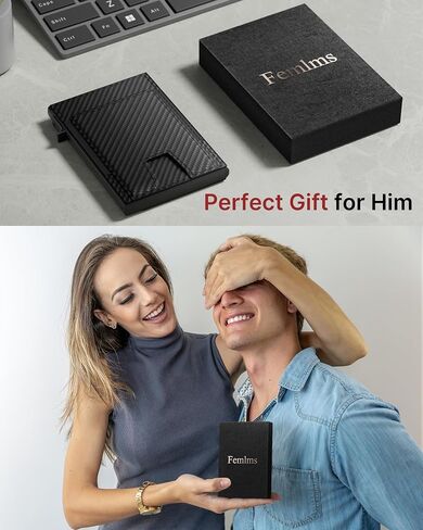 Mens Wallet Card Holder: Smart Pop-Up Aluminum Case, Genuine Leather, RFID Blocking, Slim & Minimalist Design for Front Pocket Use, Holds 8-10 Cards, with ID Window & Cash Pocket (Carbon Fiber) in Saudi Arabia