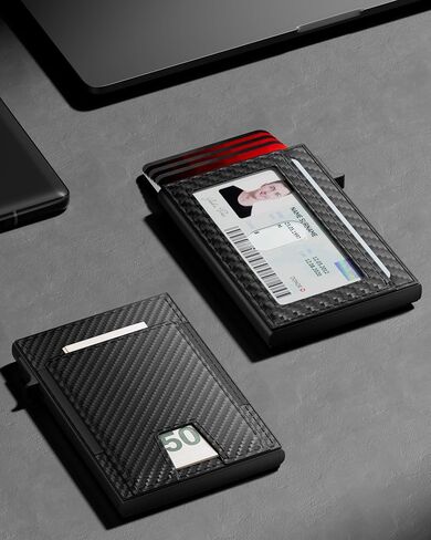 Mens Wallet Card Holder: Smart Pop-Up Aluminum Case, Genuine Leather, RFID Blocking, Slim & Minimalist Design for Front Pocket Use, Holds 8-10 Cards, with ID Window & Cash Pocket (Carbon Fiber) in Saudi Arabia