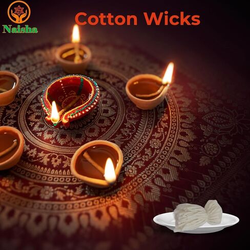 Naisha Combo Pack of 300+300 Hand Rolled Organic Cotton Puja Wicks & Handmade Twisted Cotton Wicks Long Bati for Oil Lamp Diya Jyot Batti Light in Temple/Oil Lamps/Diwali/Festivals in Kuwait