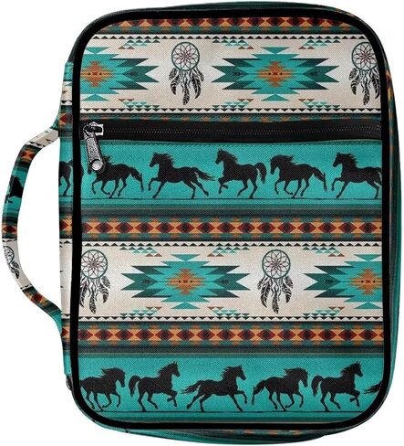 Turquoise Aztec Tribal Horse Bible Case Covers Bible Carrying Holder Horse Pattern Design Handle and Zipper Pocket Study Bible Case for Women Men Boys Girls in Kuwait