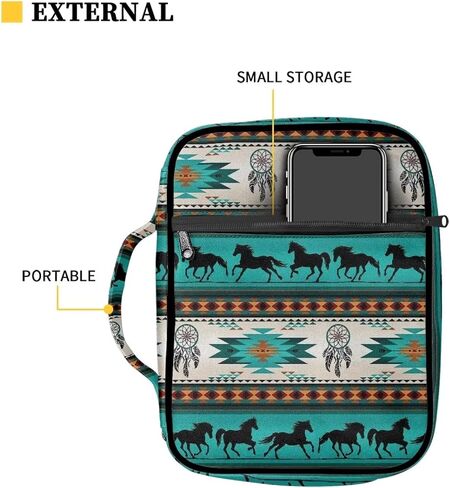 Turquoise Aztec Tribal Horse Bible Case Covers Bible Carrying Holder Horse Pattern Design Handle and Zipper Pocket Study Bible Case for Women Men Boys Girls in Kuwait
