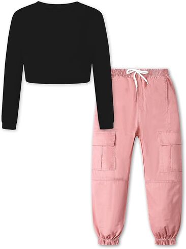Girls Clothing Sets, Girls Long Sleeved and Cargo Jogger Pants Outfits 2pcs Clothes Set in Saudi Arabia