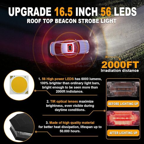 ASPL 16.5 Inch Roof Top Beacon Emergency Strobe Light 56 LED Magnetic Warning Caution lights bar Traffic Hazard Plow Light for Trucks Vehicles Construction Snowplow (Amber) in Saudi Arabia
