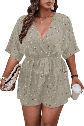 SOLY HUX Women's Plus Size Allover Print Romper V Neck Wrap Half Sleeve Belted Summer Short Jumpsuit in Saudi Arabia