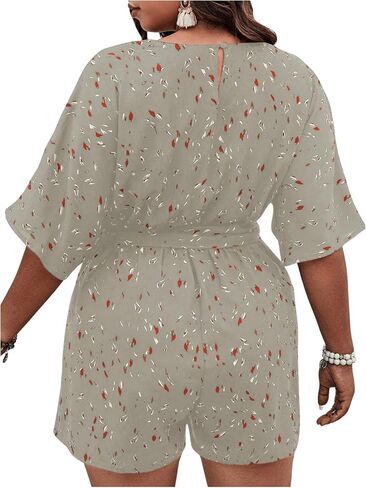 SOLY HUX Women's Plus Size Allover Print Romper V Neck Wrap Half Sleeve Belted Summer Short Jumpsuit in Saudi Arabia