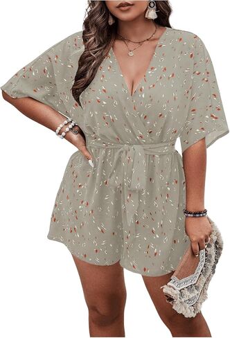 SOLY HUX Women's Plus Size Allover Print Romper V Neck Wrap Half Sleeve Belted Summer Short Jumpsuit in Saudi Arabia