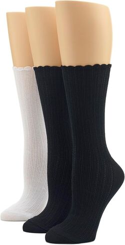 HUE Women's Scalloped Pointelle Sock, Black/White Pack, One Size in Saudi Arabia