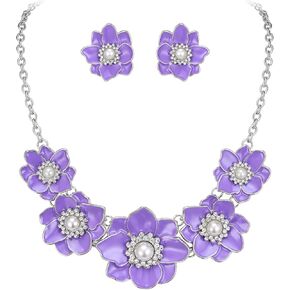 Flyonce Flower Necklace for Women, Summer Boho Flower Statement Collar Floral Bib Choker Necklaces with Flower Stud Earrings Flower Jewelry