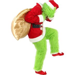 Christmas Costume for Men Adult Green Big Monster Santa Suit 8 PCS Set Deluxe Furry Outfit Halloween Xmas Cosplay